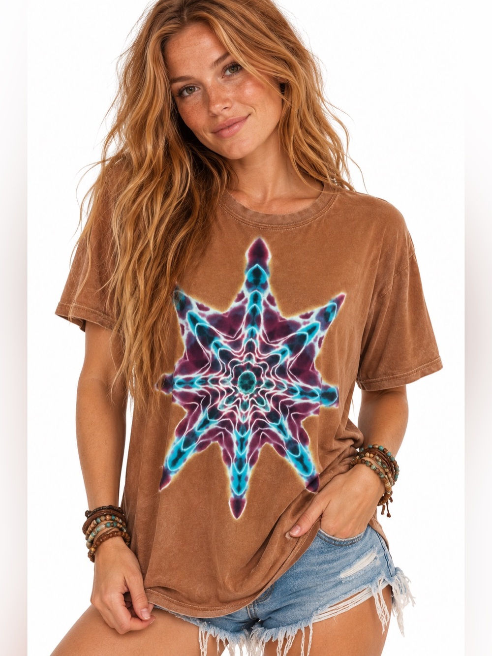 Hand Dyed Tie Dye T-Shirt XL Rust Brown Psychedelic Star Mandala Boho Hippie